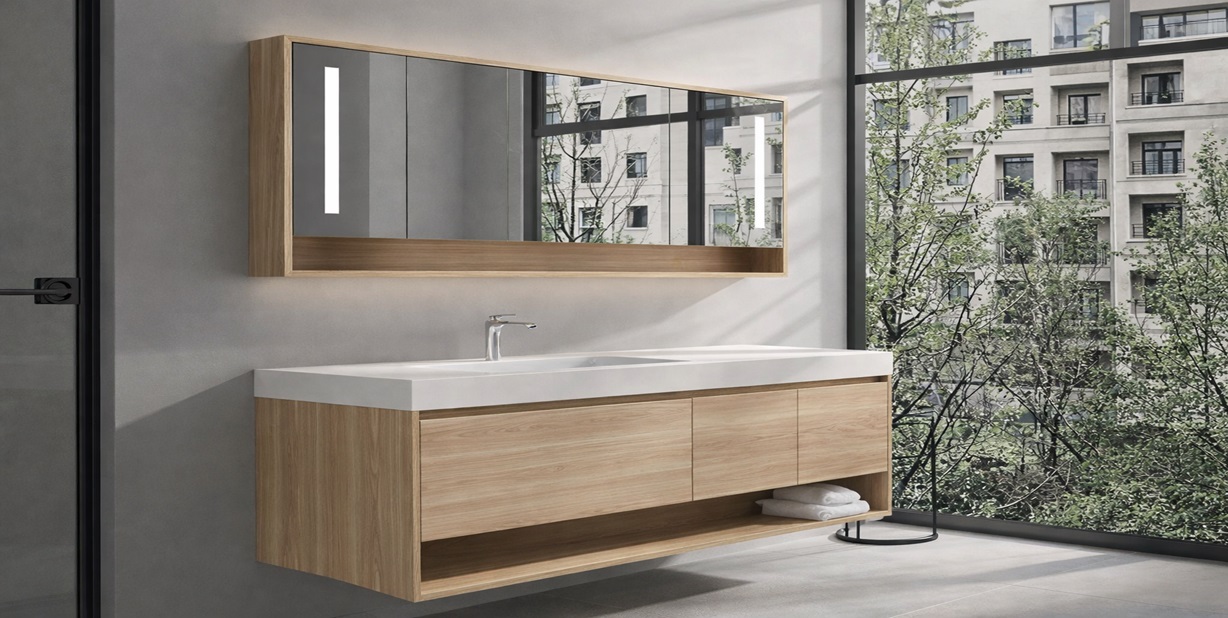 All in one bathroom sink wall mount bath furniture vanity cabinet with integrated basin